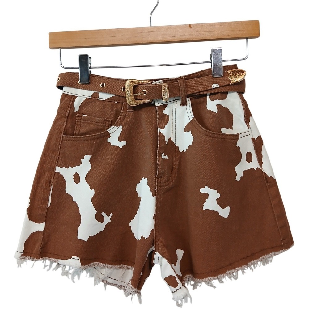 Sterling‎ & Stitch Cow Print Denim Shorts Brown White Western Belted XXS